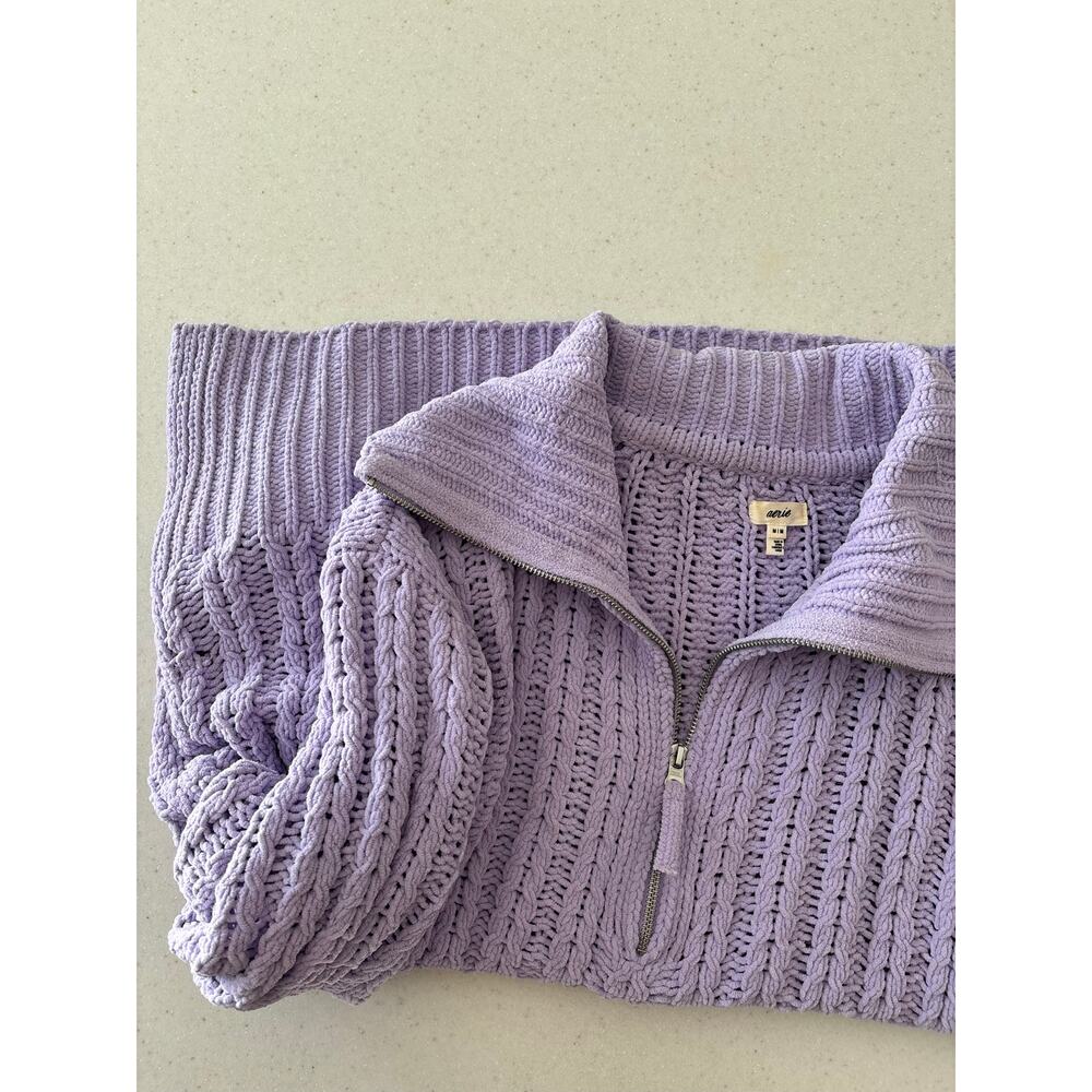 Aerie Lavender Cable Knit Quarter Zip Sweater Oversized Mock Neck Pullover - Picture 9 of 11